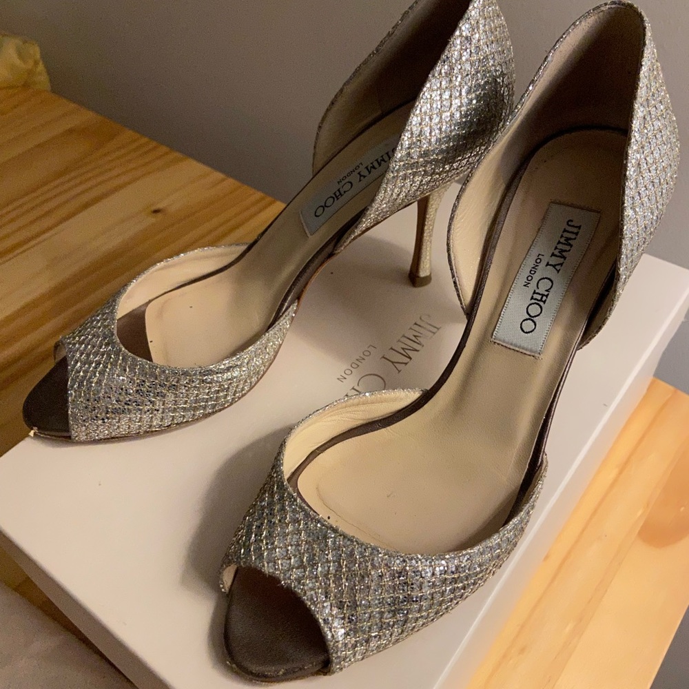 Jimmy Choo d’Orsay silver sequin open toe pumps sandals heels size 36.5 us 6.5